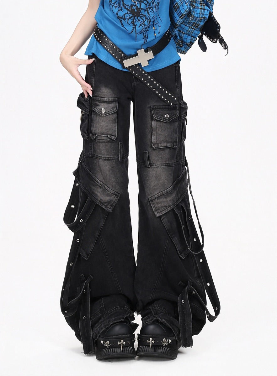 Crazy Girl Streetwear Multi Pockets Black Jeans