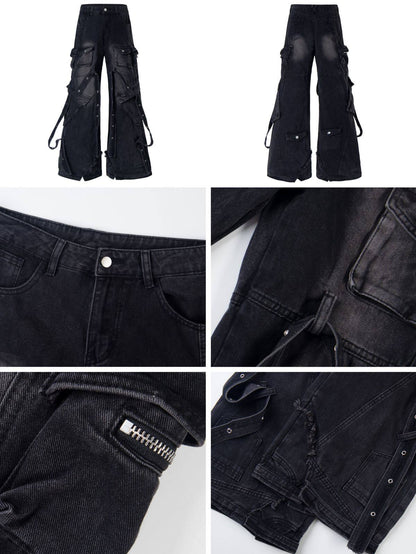 Crazy Girl Streetwear Multi Pockets Black Jeans