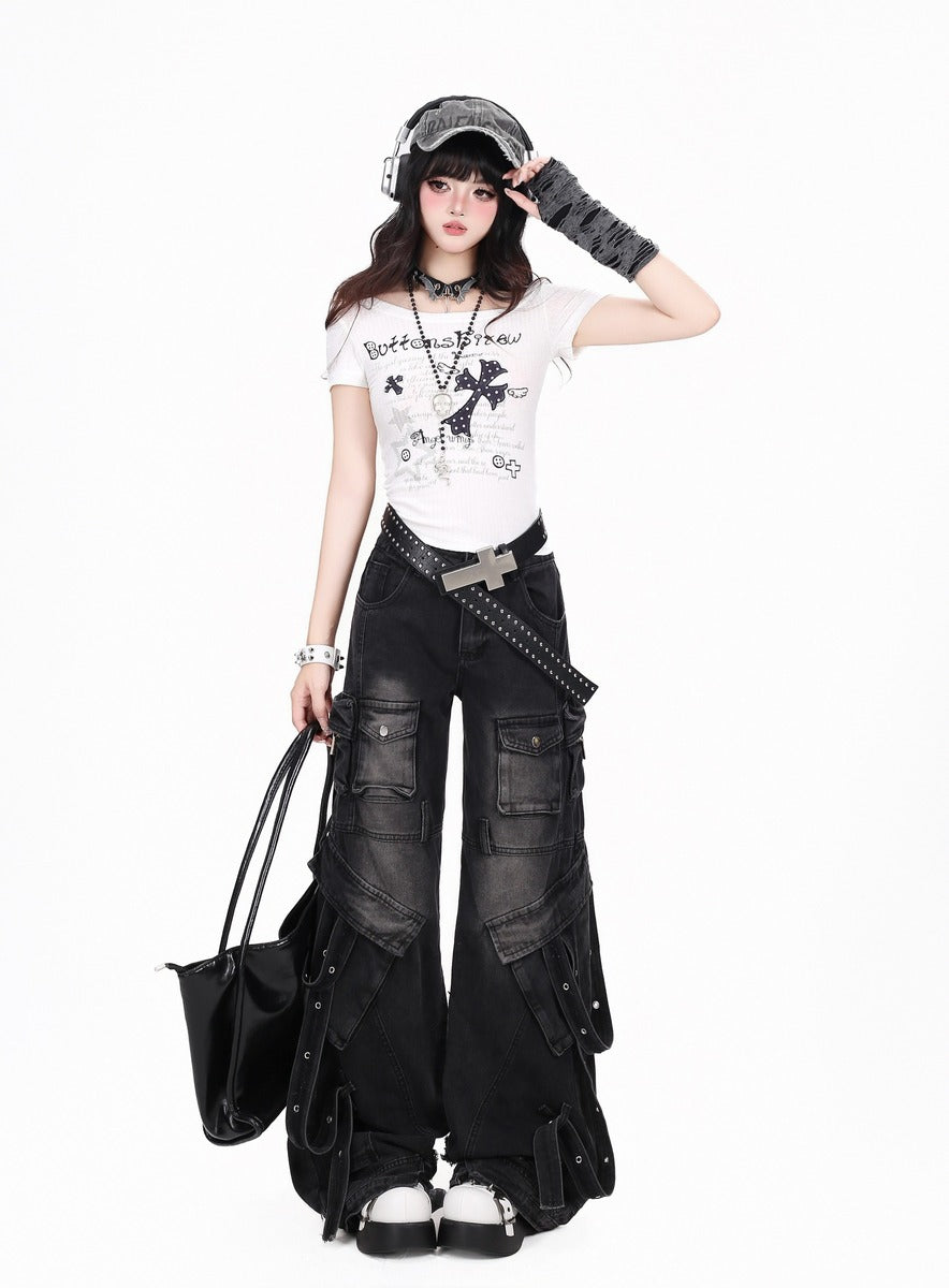 Crazy Girl Streetwear Multi Pockets Black Jeans