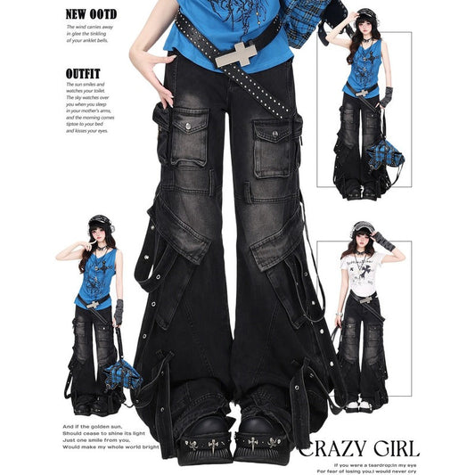Crazy Girl Streetwear Multi Pockets Black Jeans