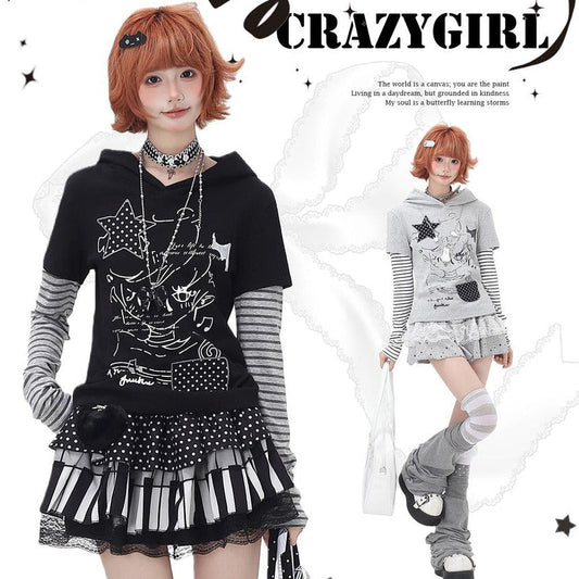 Person wearing a black hoodie with star design and black skirt