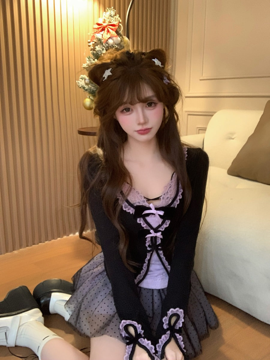 Woman in a festive setting with a Christmas tree in the background