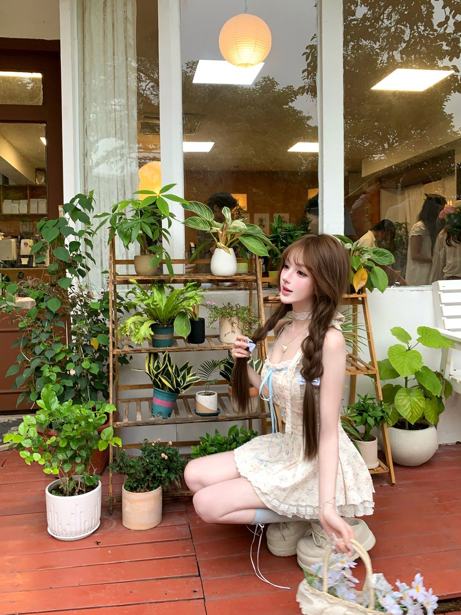 Woman sitting among potted plants in a cozy indoor setting