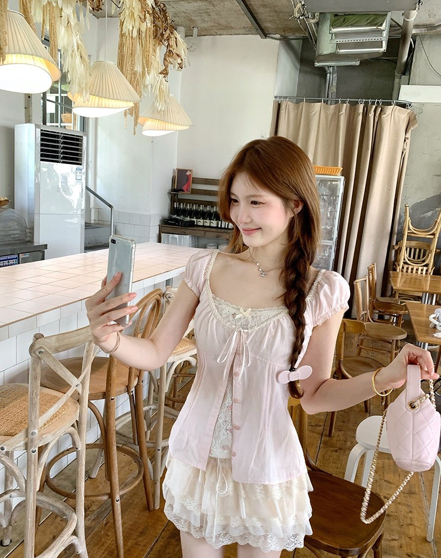 Creamy Cute Coco Manor Pink Blue Mint Green White Milkmaid Top