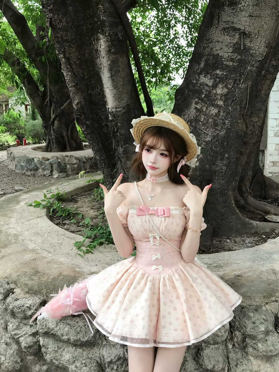 Woman in a pink dress and hat posing in front of large trees