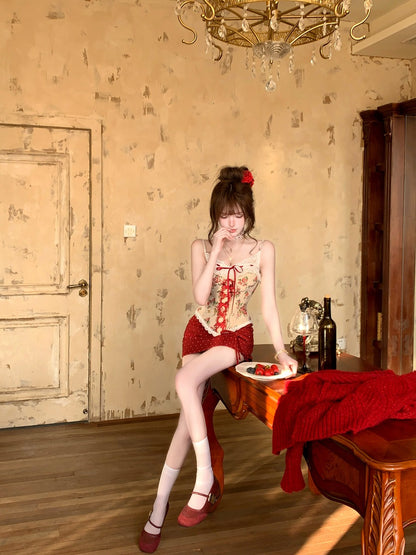 Woman in a vintage room with a chandelier, wooden furniture, and a plate of food.