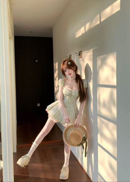 Woman in a light green dress holding a woven basket in a sunlit room.
