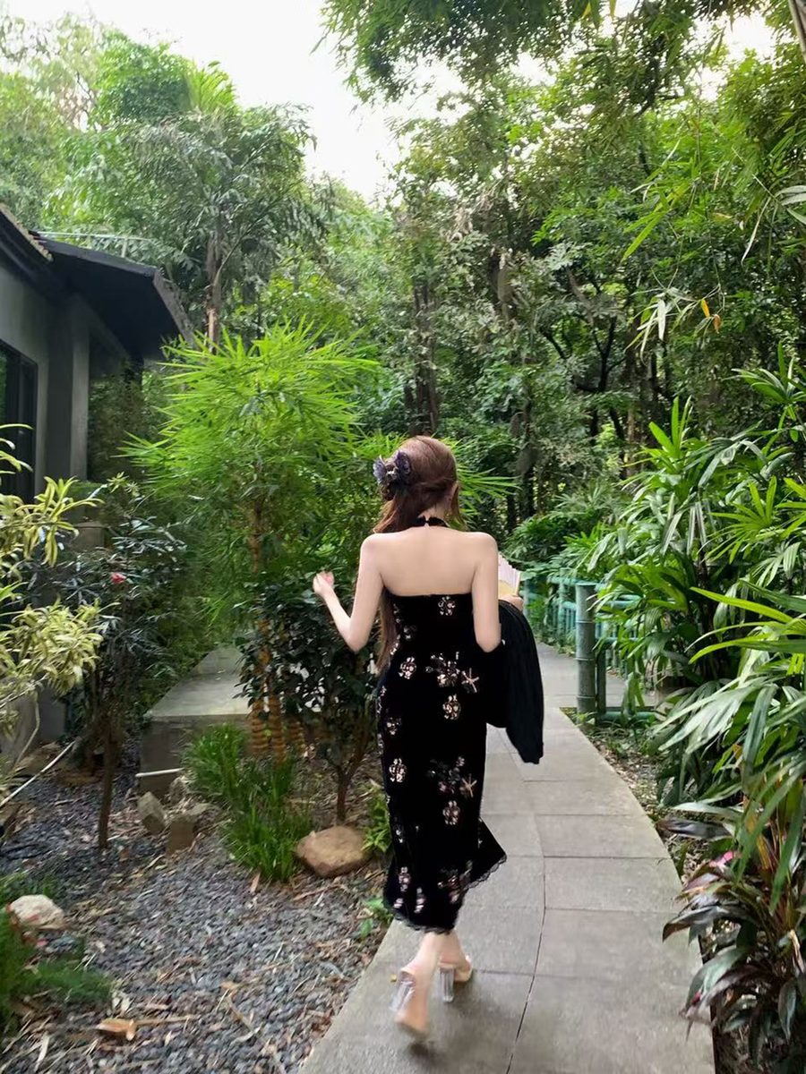 Creamy Cute Warlord Lady Black Cheongsam Dress