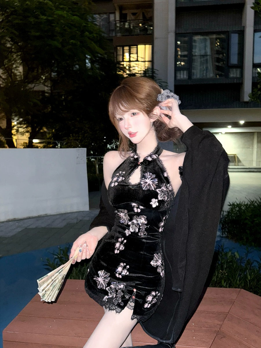 Creamy Cute Warlord Lady Black Cheongsam Dress