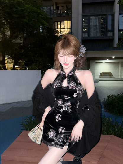 Creamy Cute Warlord Lady Black Cheongsam Dress