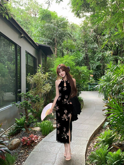 Creamy Cute Warlord Lady Black Cheongsam Dress