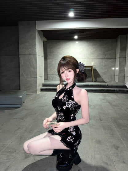 Creamy Cute Warlord Lady Black Cheongsam Dress