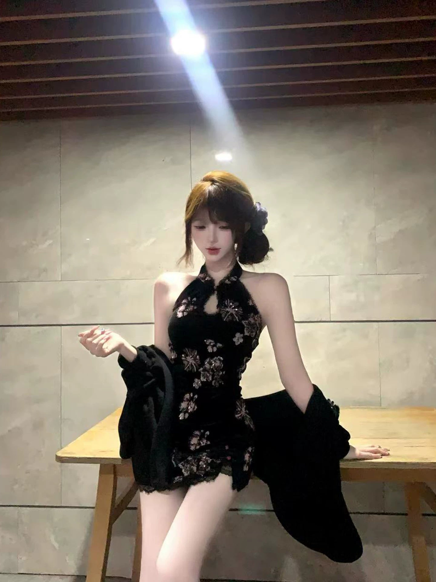 Creamy Cute Warlord Lady Black Cheongsam Dress