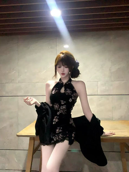 Creamy Cute Warlord Lady Black Cheongsam Dress