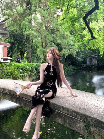 Creamy Cute Warlord Lady Black Cheongsam Dress