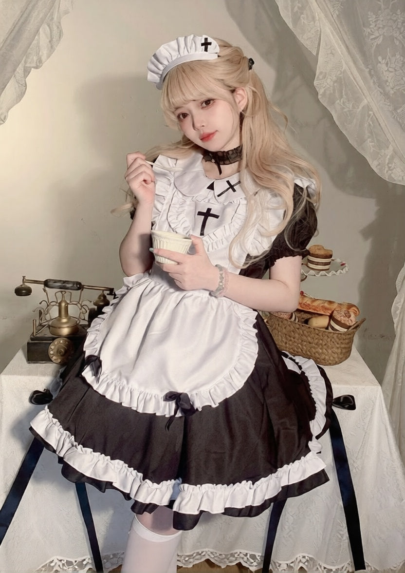 Cute Cross Nurse Maid Cosplay Black Blue Pink Red Dress Set – Sugarplum Store