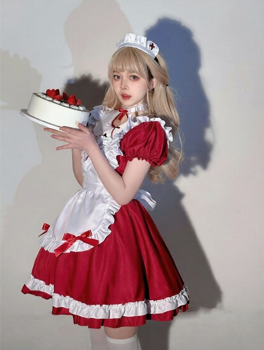 Cute Cross Nurse Maid Cosplay Black Blue Pink Red Dress Set – Sugarplum Store