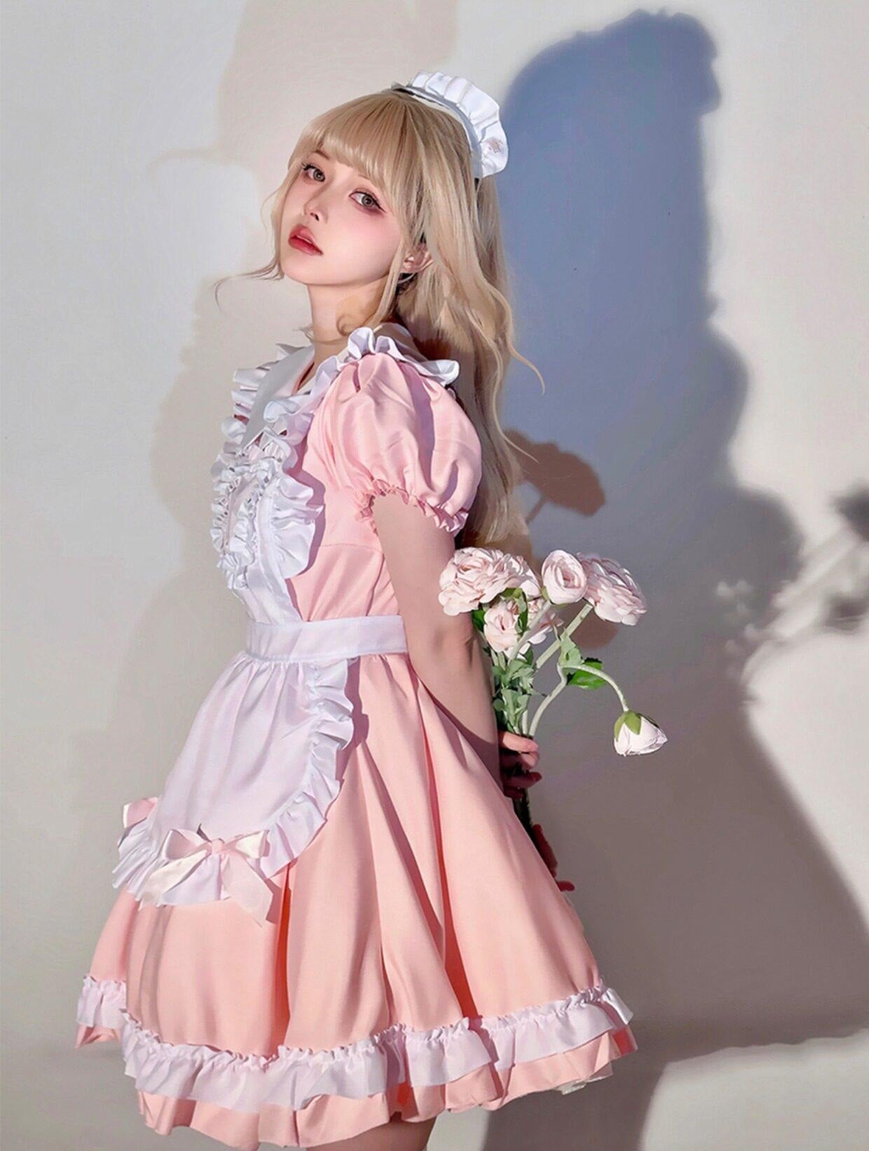 pink maid dress Cute Black Lolita Cosplay Ruffle Sugarplum Store Stylish design Odeerbi Maid Outfits Makeup Anime
