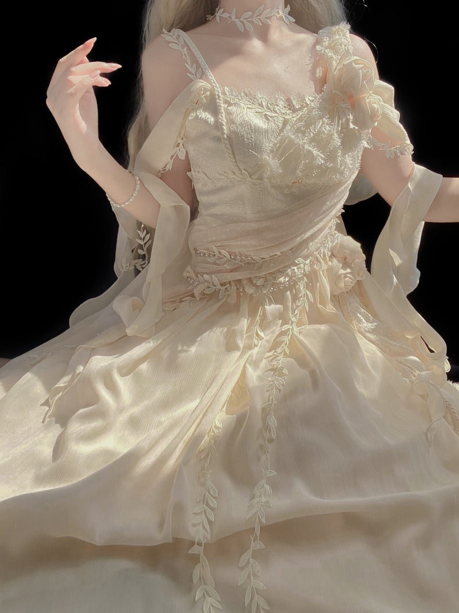 A cream-colored, heavily embroidered Lolita-style ballgown dress with sheer flutter sleeves and a voluminous skirt, shown on a model against a solid black background.