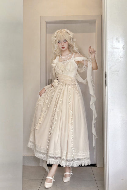 A person wearing a long cream-colored Lolita-style dress with lace details, a matching headpiece, and white Mary Jane shoes, standing in a doorway.