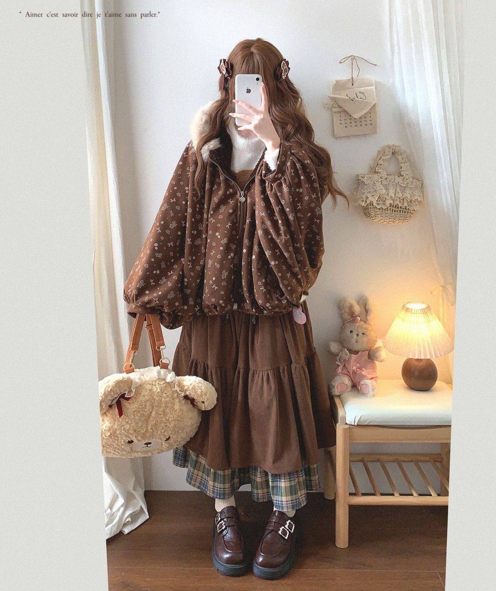 Dormir Doll Mori Girl Earth Tone Cream Gray Brown Hoodie Jacket