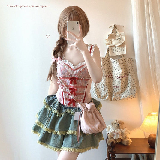 Person wearing a colorful outfit with a polka dot bag in a room.