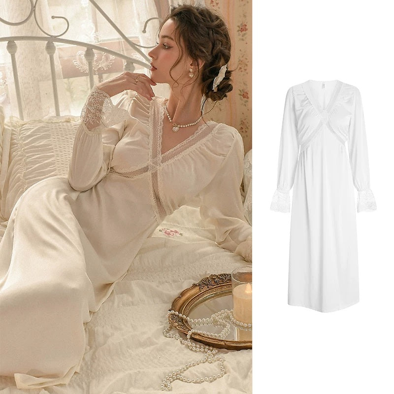 A woman wearing a long cream satin nightgown with lace trim sits on a bed, with a smaller product-only view of the same nightgown on the right against a white background.
