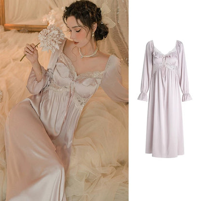 A woman in a satin nightgown and matching skirt sits on a bed holding a flower, with a separate product cutout of the same light blush pink nightgown shown on the right against a white background.