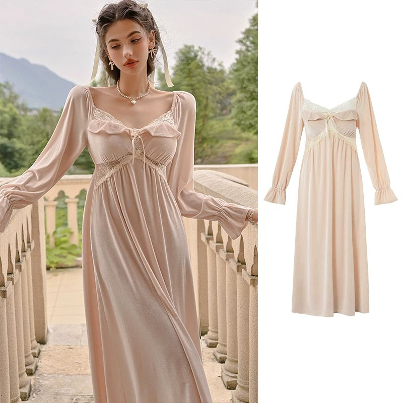 A woman wearing a long-sleeve satin nightgown with lace trim and a bow at the neckline, shown in a garden setting with a smaller product-only view on the right against a white background.
