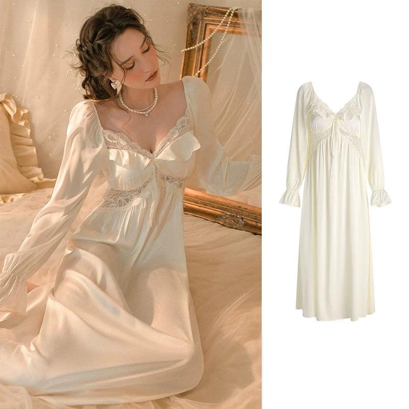 A split image showing a woman wearing a long ivory satin nightgown in a softly lit bedroom, alongside a clean product-only view of the same nightgown on a white background.