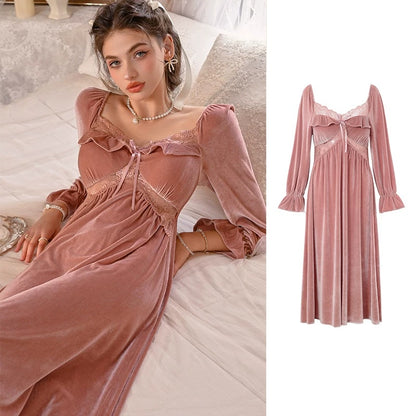 A dusty pink velvet nightgown with long sleeves, ruffled lace trim, and a tie-front detail, shown on a model lying on a bed on the left and as a standalone product shot on the right against a white background.