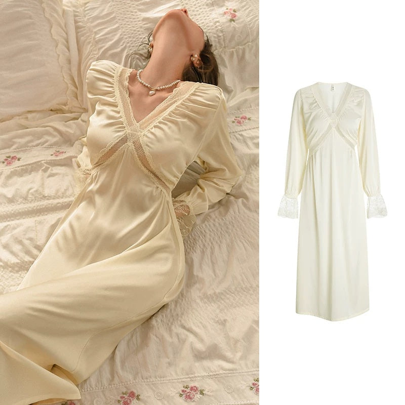 Cream satin nightgown with lace trim, shown on a model lying on a patterned bed on the left, and as a flat product shot on the right against a white background.