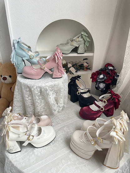 Collection of colorful high-heeled shoes with decorative elements on a white surface.