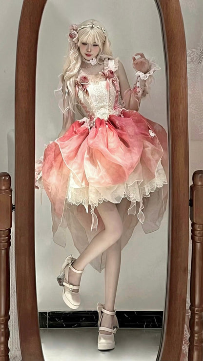 Person wearing a pink and white dress standing in front of a mirror.