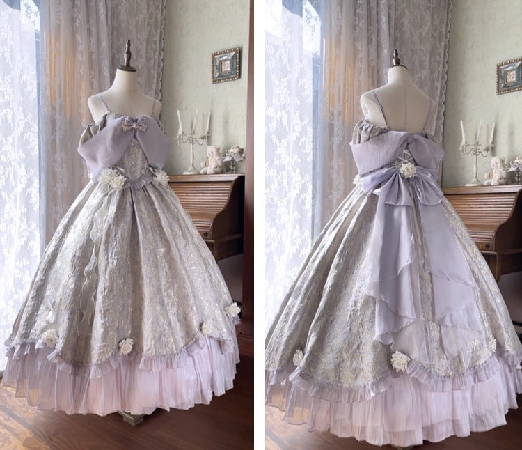 A split-screen view of a lavender and silver Lolita-style ball gown displayed on a mannequin in a vintage room with curtains and a piano in the background.