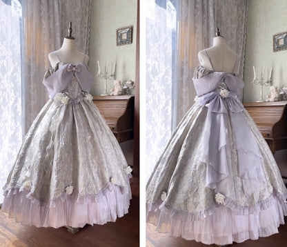 A split-screen view of a lavender and silver Lolita-style ball gown displayed on a mannequin in a vintage room with curtains and a piano in the background.