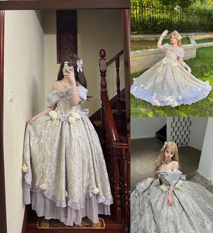 A three-panel collage showing a woman wearing an ornate off-the-shoulder ball gown in different settings. The large left panel shows her taking a mirror selfie indoors on a staircase, wearing a pale champagne-beige embroidered gown with ruffled layers and cream floral accents.