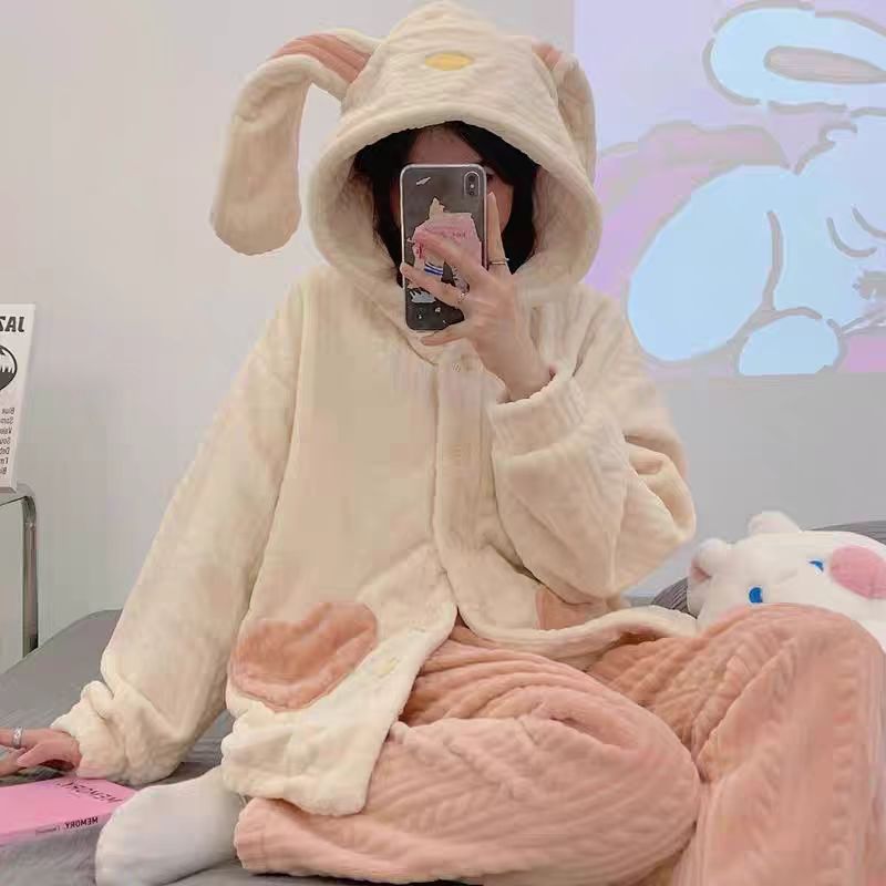 Rabbit Ears White Pink Winter Top & Pants Pajamas Sleepwear Set - Sugarplum Store