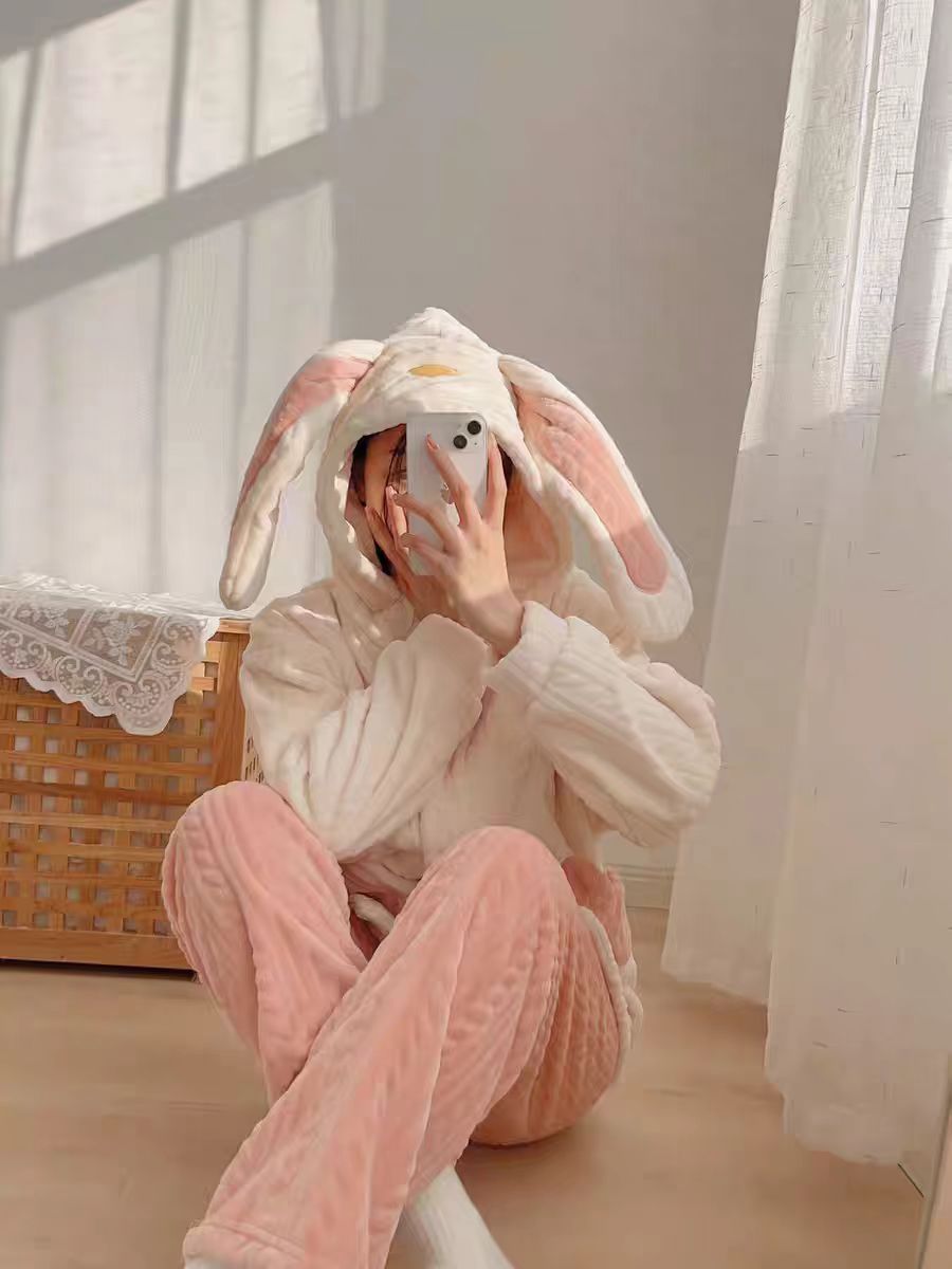 Rabbit Ears White Pink Winter Top & Pants Pajamas Sleepwear Set - Sugarplum Store