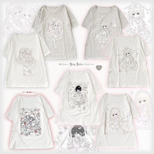 A collage of multiple white and light gray graphic T-shirts featuring anime-style line art illustrations, arranged on a white background with faint decorative overlays.