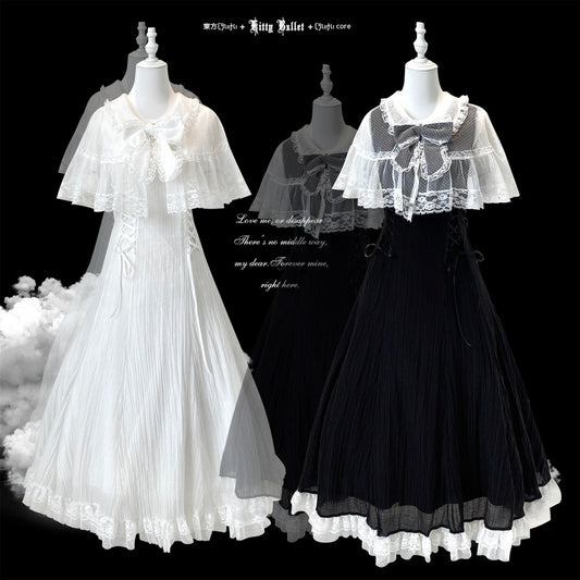 Two dresses, one white and one black, on mannequins with a black background.