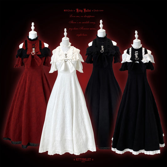 Four dresses in red, white, and black on mannequins against a dark background.