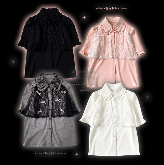 Four shirts in black, pink, gray, and white with lace details on a dark background.