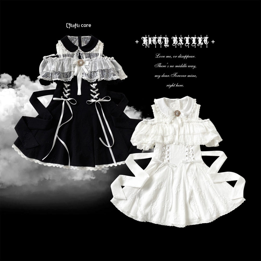 Black and white dresses with lace details on a black background