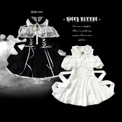 Black and white dresses with lace details on a black background