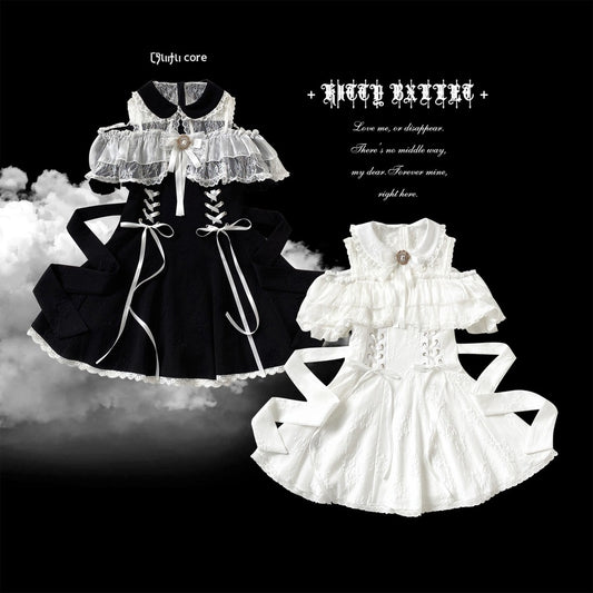 Black and white dresses with lace details on a black background