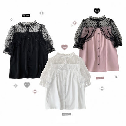 Three shirts with sheer black lace sleeves on a white background