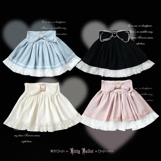 Four Lolita-style mini skirts arranged in a 2x2 grid on a black background with soft heart-shaped light effects. The skirts are shown in light blue, black, cream, and light pink, each with a ruffled waistband, bow detail, and white lace hem.
