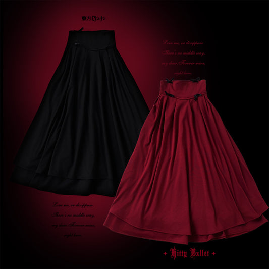 Black and red full-length skirts on a dark background with text.