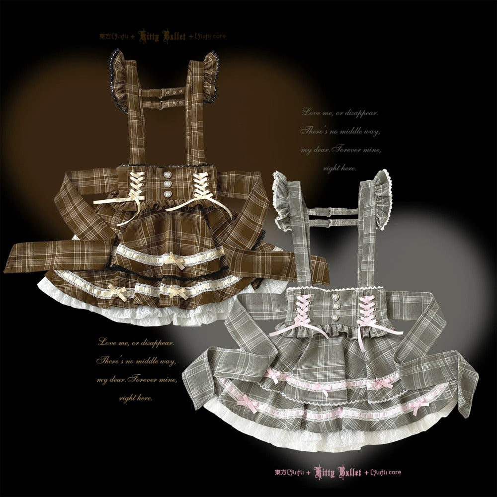 Plaid dress set with suspenders on a dark background